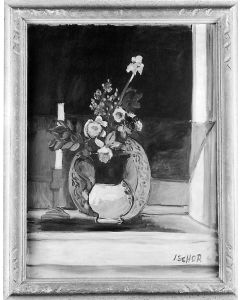 Floral Arrangement. Still Life with flowers resting on table with plate and candle in background.