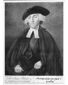 Three-quarter length portrait facing front and seated in clerical dress. Inscribed at bottom in English, "Rev. Isaac Polack Chief Reader of the Great Synagogue and in Hebrew 