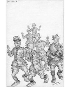 “Polonica.” Pen-and-ink drawing depicting Nazi officer with four fellow soldiers with hands raised, all guarded by Resistance fighter. Signed and dated by artist lower right and captioned top left