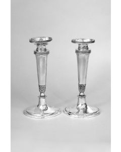 On oval lipped base, tapered ovoid shaft with skirted knob and foliate band at top supports oval removeable candleholder with gadrooned vertical lip.  Marked on base (Tardy, p. 38)  H:  240mm.  Some wear.