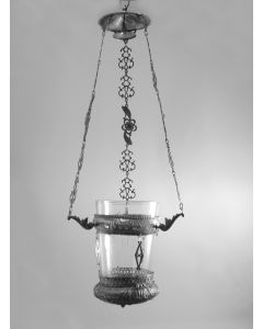 SILVER AND GLASS HANGING MEMORIAL LAMP
Morocco, 19320