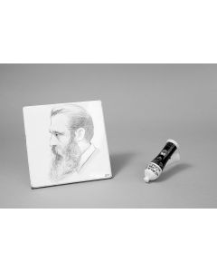 A depiction of Herzl, seen in left profile, using pencil and red chalk, on a white ceramic tile.  Signed lower right.  H:  150mm.  
