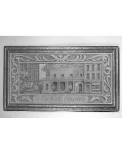 Arch Street Theatre. Painting on rafffier. Depicting the facade of the Arch Street Theater in Philadelphia. In elegant gilt carved wood frame.