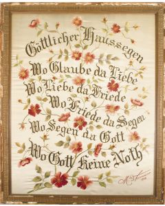 “Blessing for the Home.” German Gothic characters intertwined with sprays of colorful flowers and budding foliate vines, with signature and date at lower right corner. Master: M. Hermann.
