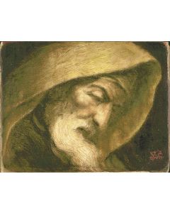Contemplative Rabbi. With exhibition stamps and artist’s signature on reverse of panel.