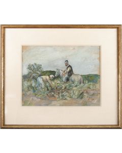 Jewish Couple Gathering in the Field. Signed by artist bottom right. * With sketch on reverse of board of Two Jewish Men in Conversation