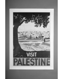 Visit Palestine. Languid scene of Jerusalem. Accomplished in black, blue, brown and yellow. Text in English.