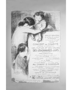 By Abel Pann. Text in French. Monochrome image of an inconsolable woman and her children promoting a concert to raise money for the families of soldiers who were killed in World War I.