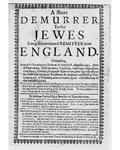 PRYNNE, WILLIAM. A Short Demurrer to the Jewes Long Discontinued Remitter into England [Argues against the readmission of the Jews into England]