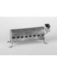 In form of lidded box on four paw feet. Domed lid opens to reveal eight compartments with wick channels. Servant light sllides into channel at side. Marked on side. W: 160 mm.