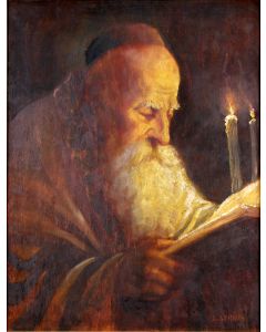Rabbinic Portrait at candlelight. Signed by artist bottom right
