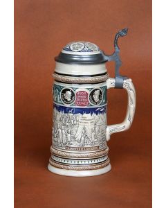 Cream ceramic mug with pewter thumbpiece and lid rim. Numerous anti-Semitic German expressions and depictions with green, red, blue highlights.  H:  8 1/2”