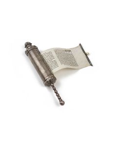 Overall engraved with foliate and pattern and cross-hatching. Caps formed by slightly bombe petals. Coronet finial. Banded handle. Bone knob attached to silver scroll pull. No marks found. H: 15 3/4‰Û�
Full manuscript scroll on vellum within.