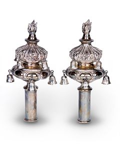 On cylindrical base, two tiered fruit form with flame finial; pendant bells from each tier. Marked on base. H: 10 1/2‰Û�. Bells missing.