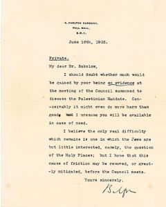 Typed Letter Signed on letterhead to Nachum Sokolow