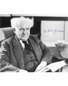 (First Prime Minister of the State of Israel, 1886-1973). Distinguished black-and-white photograph, signed by Ben-Gurion in blue pen: "D. Ben-Gurion." 8 x 10 inches