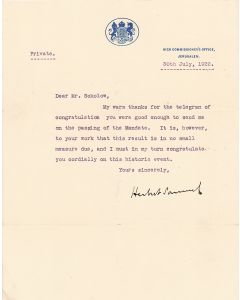 Typed Letter Signed on letterhead of the High Commissioner’s Office, Jerusalem, to Nachum Sokolow acknowledging Sokolow’s telegram of congratulation on the passing of the Palestine Mandate