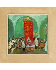 Synagogue Interior. Gouache on board. Signed in English below. Framed 