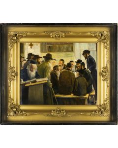 Chassidic Rabbi at Study. Oil on board. Original gilt frame within "shadow-box."