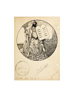 Moses. Pen-and-ink on card. Signed in Hebrew in modernist style on left. Signed again below image in Hebrew and in Latin letters. Additional note in Polish and dates, 7/ iii-(19)18. Pencil sketches on verso