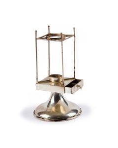 On round domed base, four-sectioned drawer for spices; above, four vertical rods with central sliding element to hold candle; at top, openwork frame with oval central ring for candle. H:  6 1/2 inches. Pseudo-marks on base