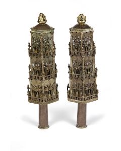 On round shaft, three tiered architectural finials with cut out balustrades, filigree walls and bells pendant from doorways. At top, leaf-form brass finial. Unmarked.  H: 17 inches. Old repairs. Sold not subject to return