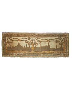 Wool and cotton woven rug depicting a composite of Jerusalem’s Old City skyline with three stylized Menorahs. 22 x 64 1/2 inches (without fringes). Some wear
