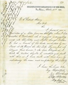 Autograph Letter Signed by Major General Benjamin F. Butler on lined letterhead stationery of Headquarters Department of the Gulf.
