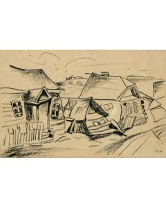 Two Shtetl Street Scenes. Signed with artist's initials (Hebrew) and dated in lower right hand corner.