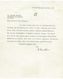 (Physicist and Noble Prize winner. 1879-1955). Typed Letter Signed, written in German to Edward Singer.