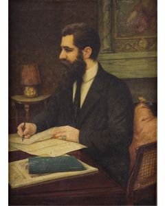 Three-quarter length seated profile portrait of Herzl by I. Hagamann.