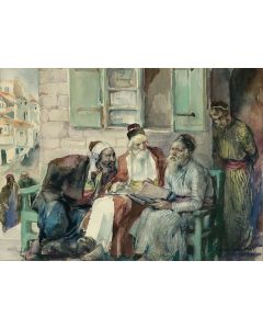 Three Sages. Watercolor on paper. Signed ‘Rychter-May, Jerusalem’ lower right.