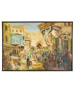 Jerusalem Marketplace. Oil on canvas. Signed and inscribed “Jerusalem, 1967” by the artist in Hebrew lower right. Framed.