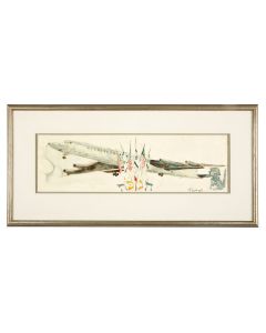 Israeli Aviation - Chanukah, 1970. Watercolor. Signed and dated lower right. Framed.