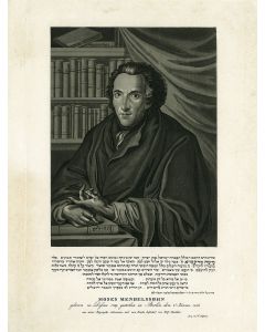Fine half-length engraved portrait of Mendelssohn by Wolf Pascheles. Text in Hebrew and German below.