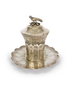 Accompanied by etched scalloped tray and domed-shaped lid with bird ornamentation. Height: 3 inches.