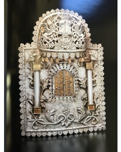 A MOST ELEGANT POLISH PARCEL-GILT SILVER TORAH SHIELD.