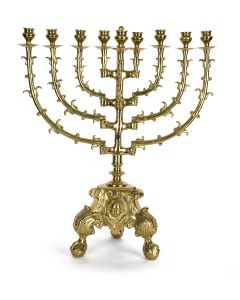 Standing lamp with central shaft set on triangular platform featuring cherub faces and three ball-and-claw supports. Upper portion made of tendril-adorned removable branches held in place by clasped anthropomorphic hands. Height: 24 inches.
