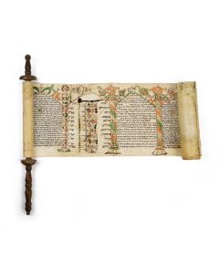 Hebrew Manuscript written on vellum. Each column with extensive multi-color illumination, set on wooden scroll. Opening panel repaired with loss provided in later hand.