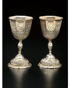 Uniform octagonal bowls decorated with scroll and shell motif, on knob stems and matching circular domed bases. Marked. Height: 5.5 inches.