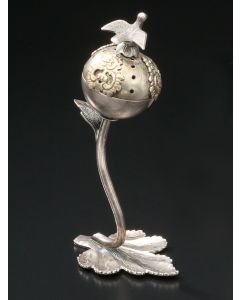 Pierced container of flower-bud form set on naturalistic leaf base, small bird finial (later). Height: 5 inches.
