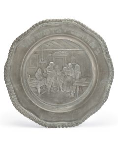 Scalloped, beaded edge, central scene after a painting by Moritz Oppenheim, appropriate Hebrew blessing engraved along rim. Diam: 10 inches.