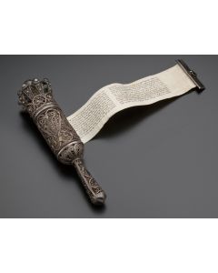 Fitted with complete manuscript Esther Scroll written on vellum. Engraved “Bezalel” on thumb-piece. Length of case: 5.5 inches.