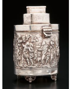 Of oval form, set on four scroll-work supports. Scenes of the Biblical Exodus in repoussé all around; hinged lid and raised coin-slot engraved in German: “For the Holy Land”. Marked. Height: 5.5 inches.
