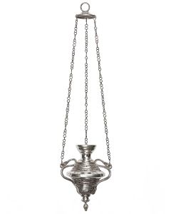 Urn-form lamp with serpent arms, suspended by chain from domed upper element. Height: 17 inches.