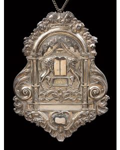 Wrought and chased with columns flanking rampant lions supporting Decalogue atop holiday plaque-holder, all encircled by scroll and leaf decorations and topped with crown. Suspension-chain. Marked. 14.5 x 10.5 inches.