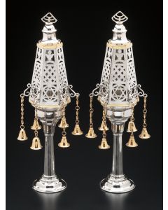 Hexagonal, truncated, conical-form; pierced Star-of-David openwork with bells suspended. Set on tubular staves. Height: 13.5 inches.