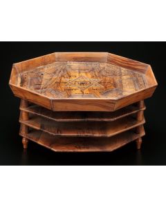 Carved, inlaid and painted, three tiers for Matzah, topped by tray with eight Holy Land scenes and appropriate Passover inscriptions in Hebrew throughout. Small cracks. 7 x 14.5 inches.