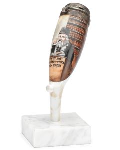 Hand painted with Hebrew inscription and miniature portrait of Rabbi Raphael Cohen. With hinged silver cap at top. Length: 5.5 inches.