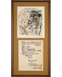 Rot und Glühend ist das Auge des Juden. Framed half-title of this published work of poems, here with a large watercolor of Shabbat candles composed by Jacob Steinhardt. <<* FRAMED WITH:>> Autograph Signed poem by Arno Nadel.